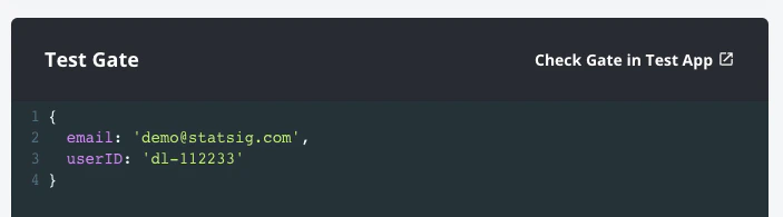 Test gate console showing user object with override result