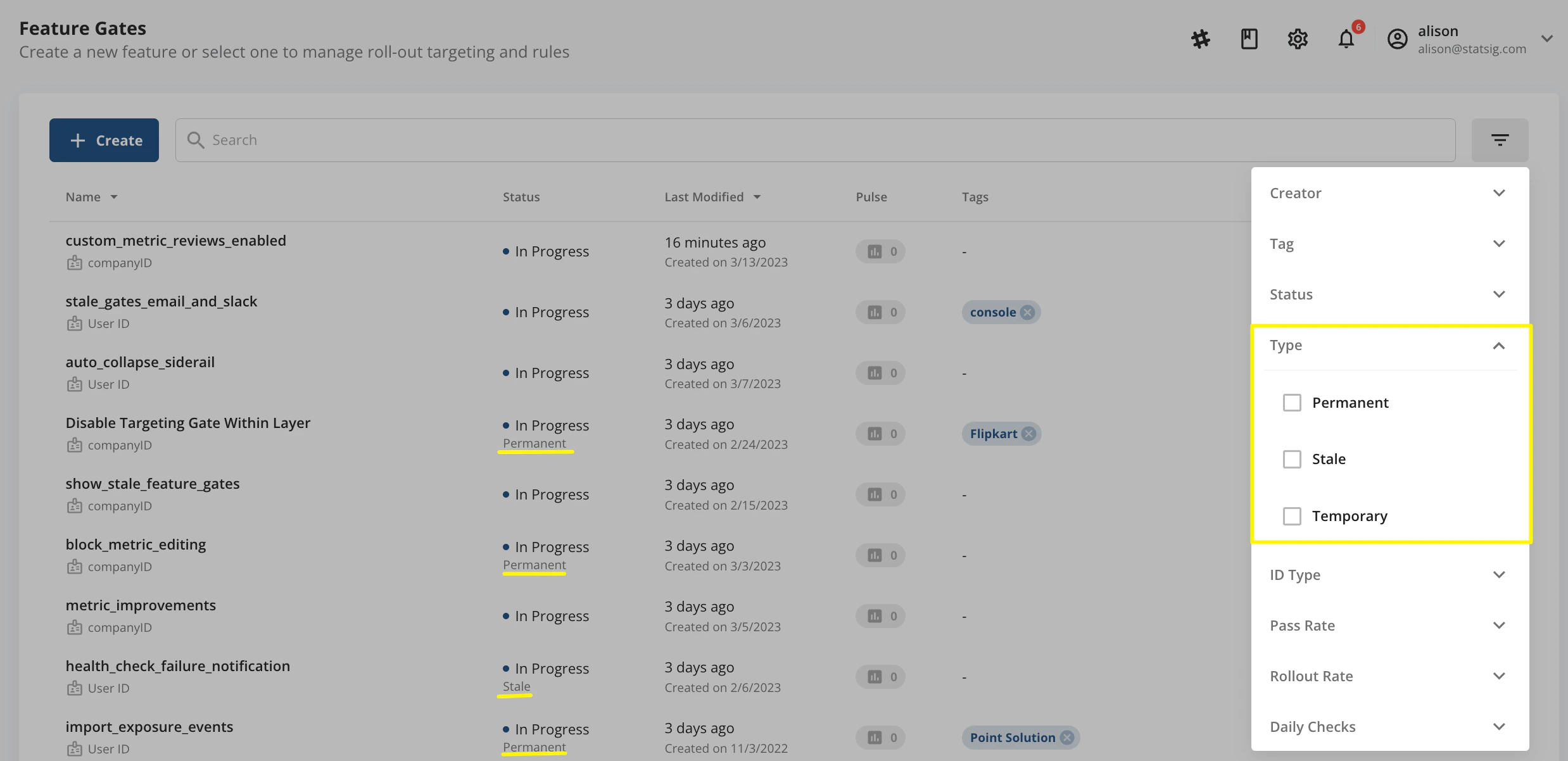Feature gates catalog with status types filter