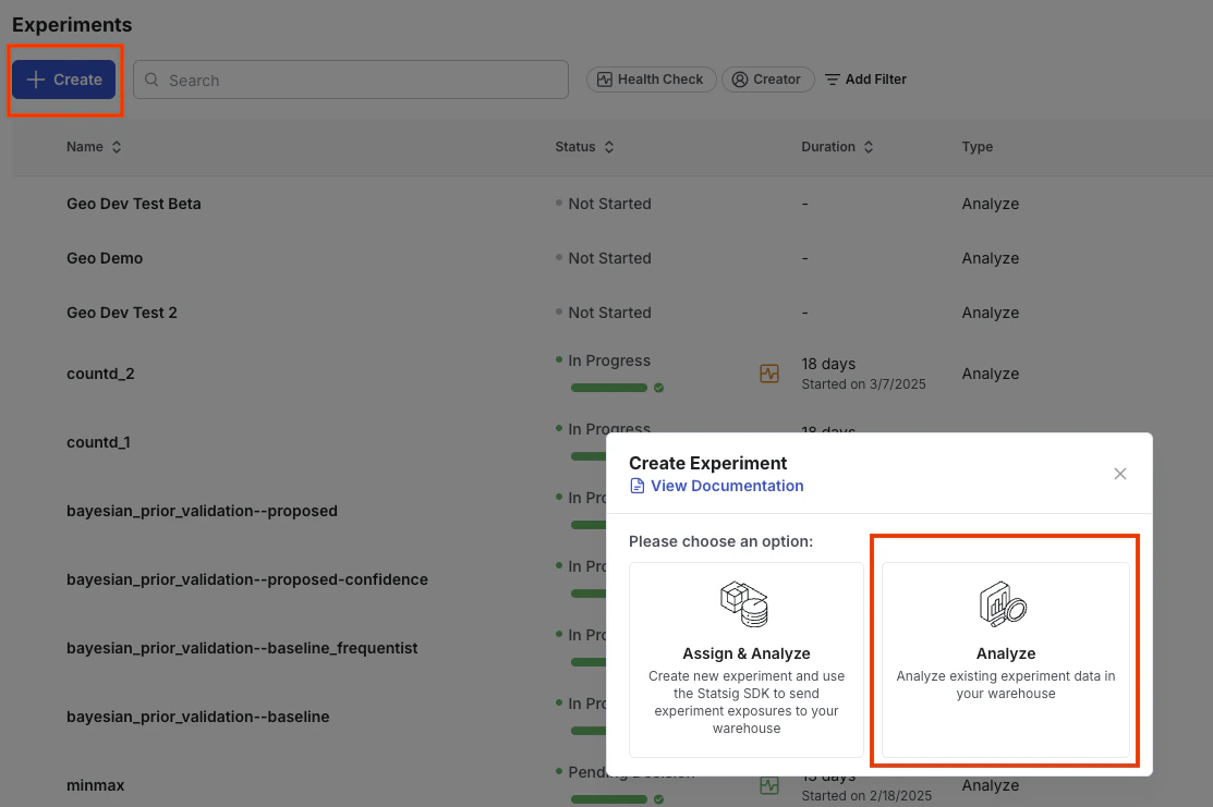 Experiment creation modal with analyze option