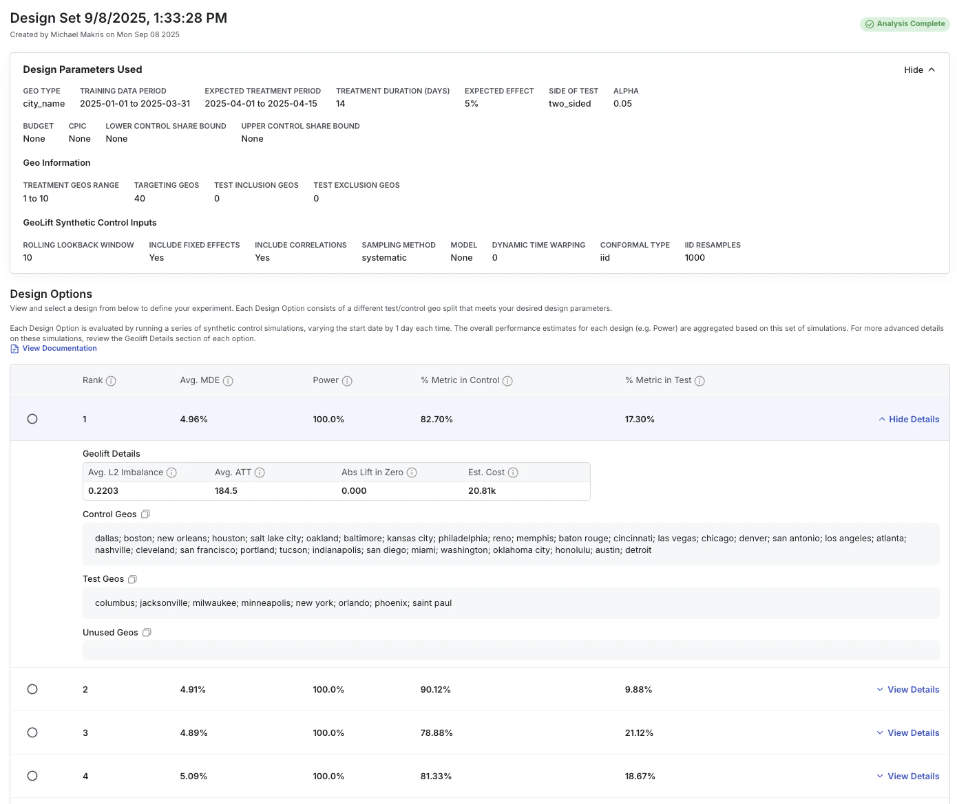 Design option selection interface