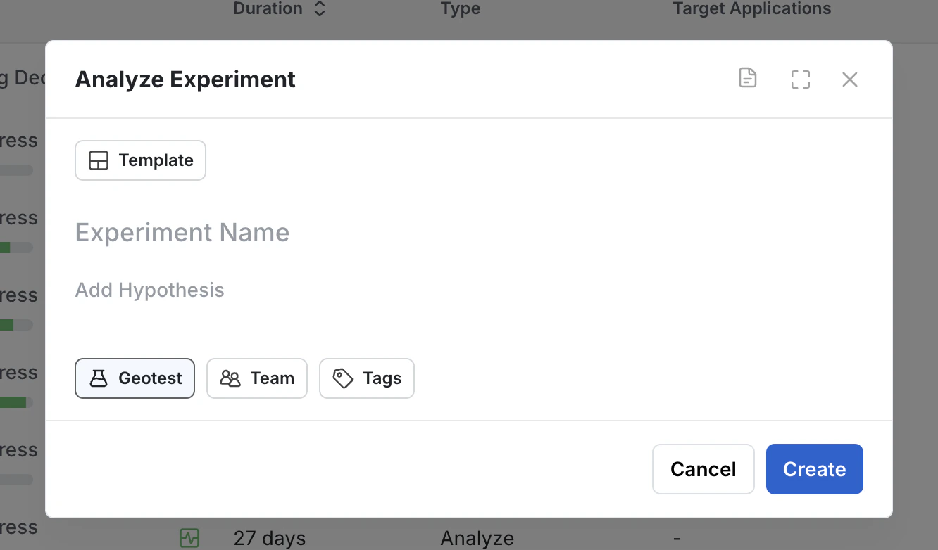 Geotest experiment type selection dropdown