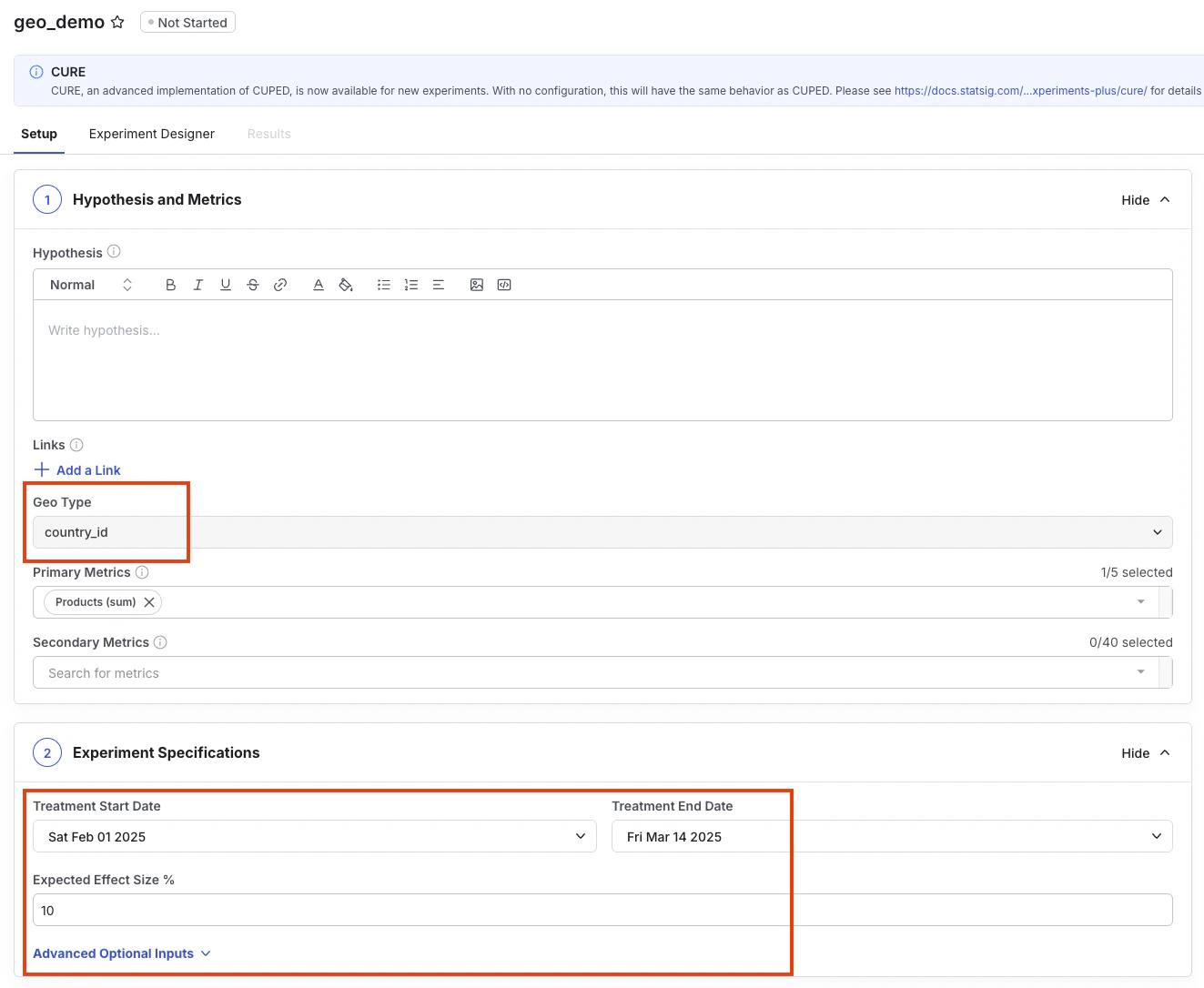 Geotest experiment setup configuration screen