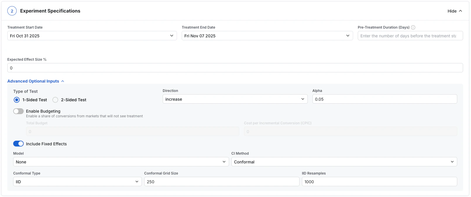 Experiment configuration settings interface