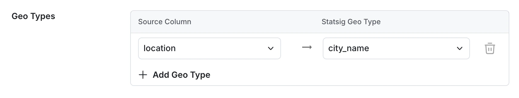 Geo column mapping configuration screen