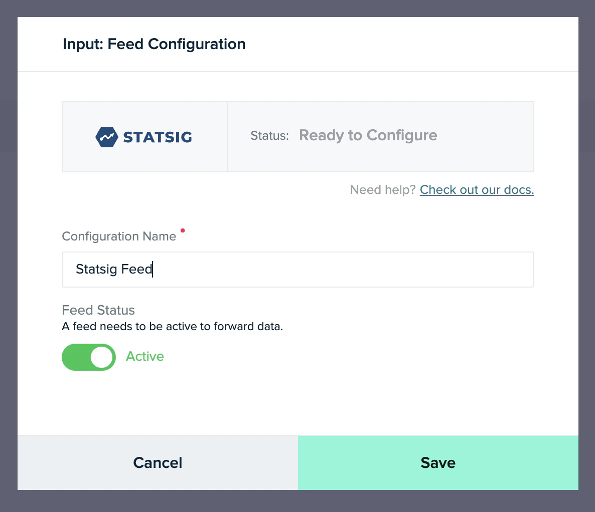 Statsig feed configuration form showing name field and active toggle