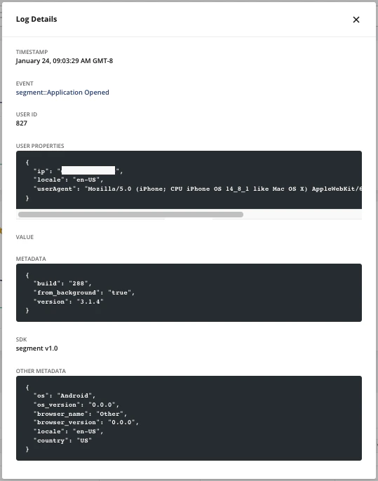 Log details panel showing Segment event payload fields and metadata
