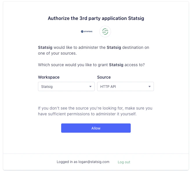 Segment OAuth consent screen selecting workspace and source
