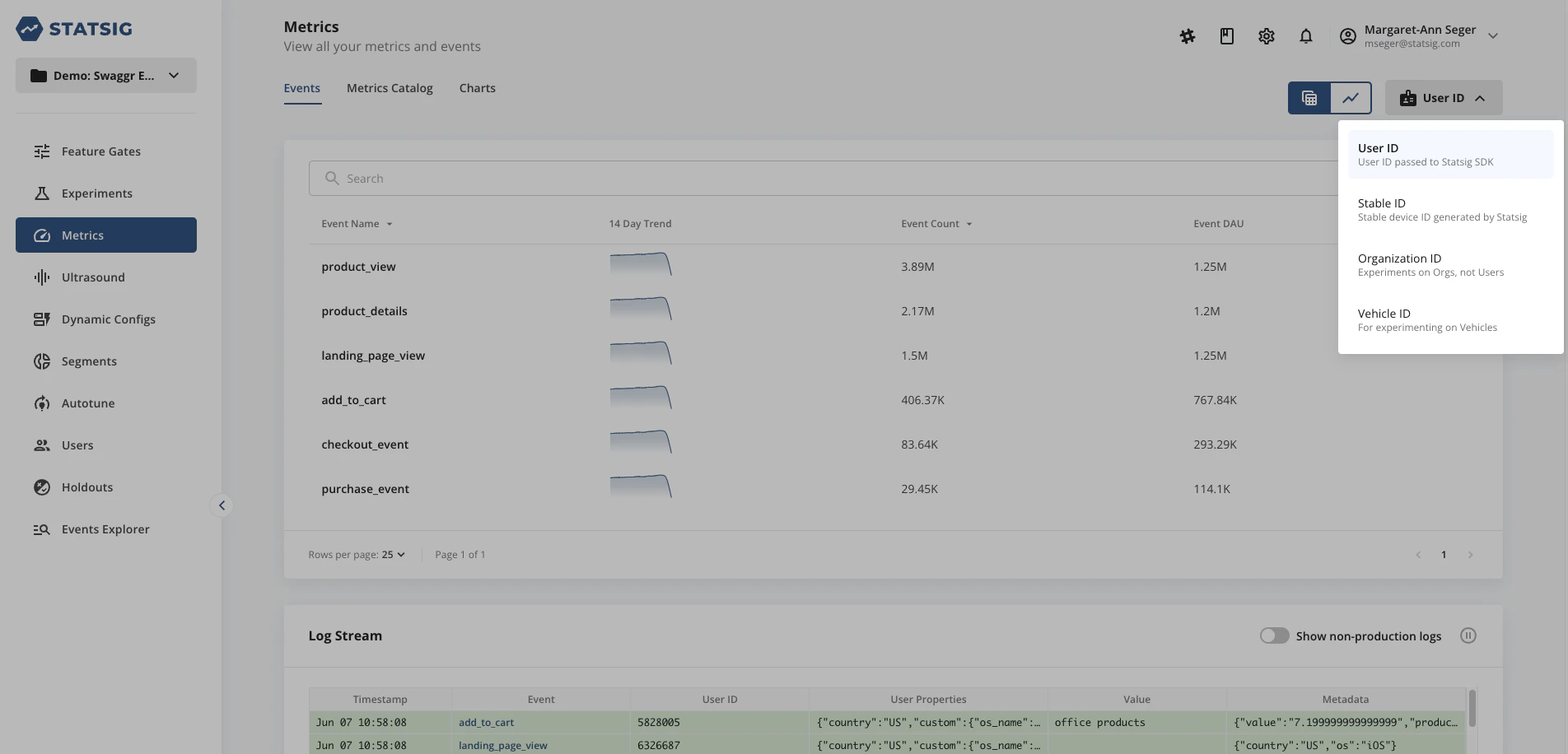 Unit identifier dropdown for filtering events by user or stable ID