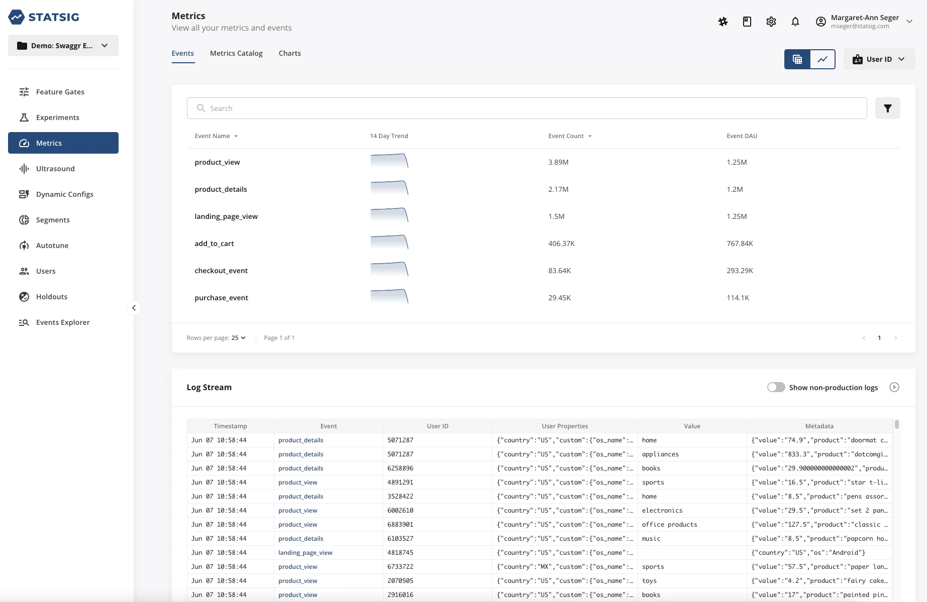 Events tab list view showing recent custom events