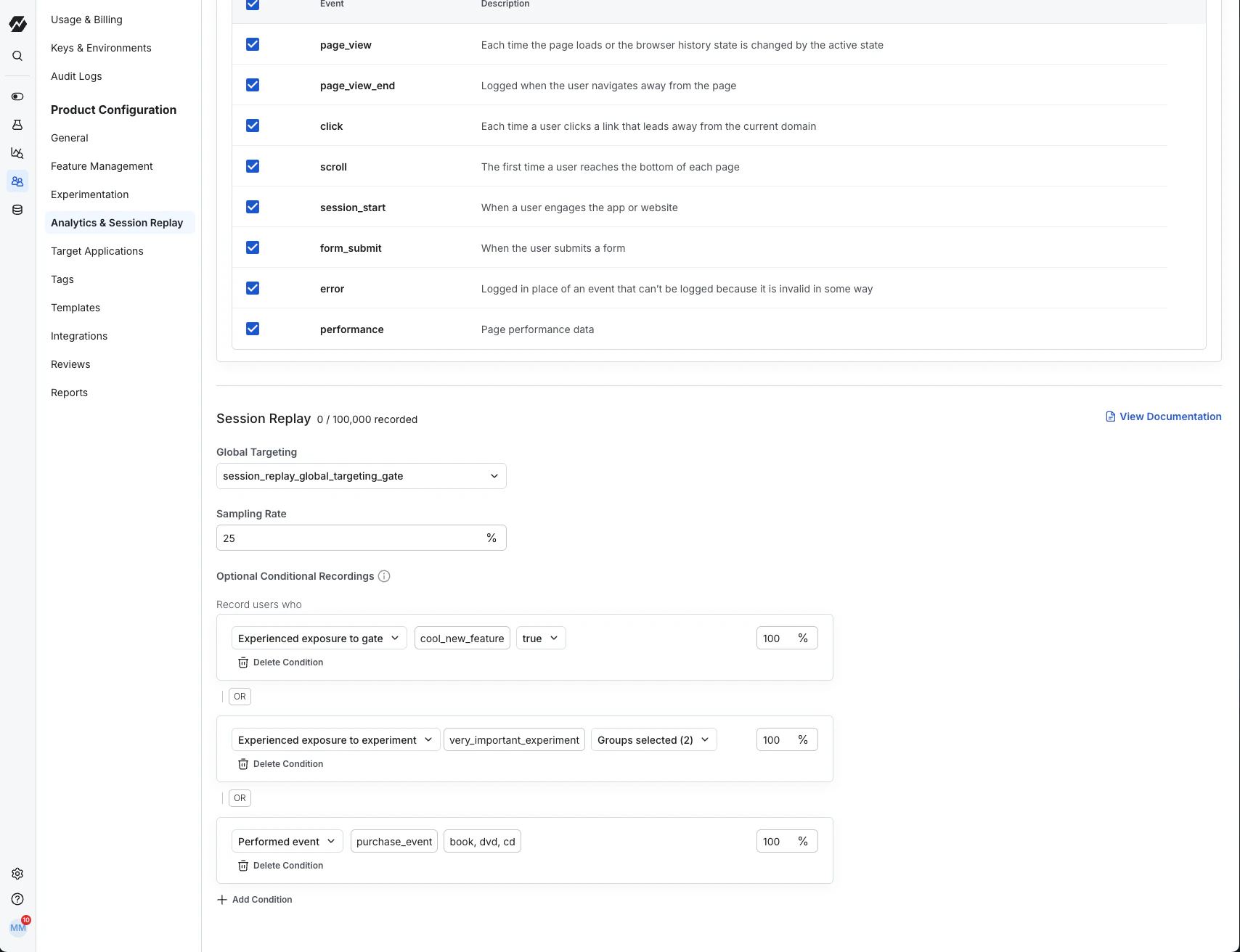 Session replay settings panel with targeting and sampling controls