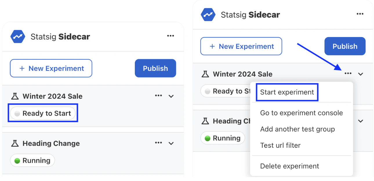 Sidecar experiment start interface