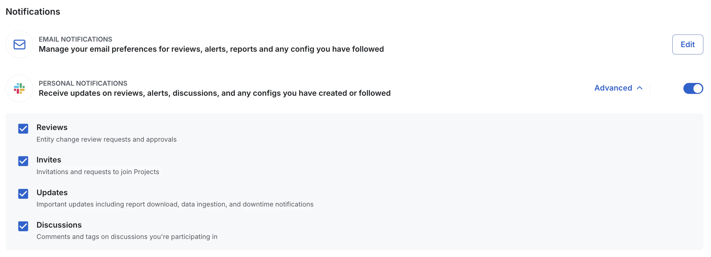 Personal notification preferences interface