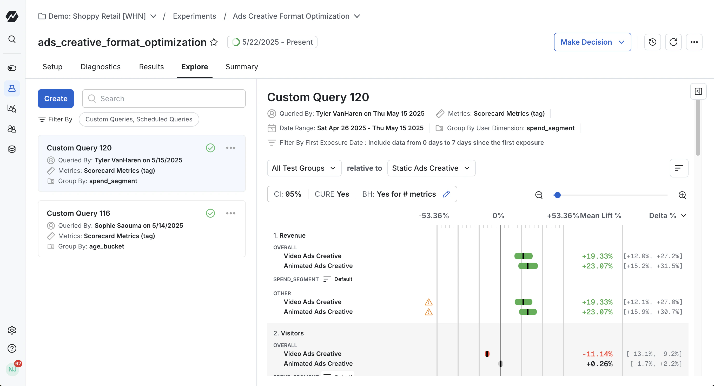 Explore tab query history list