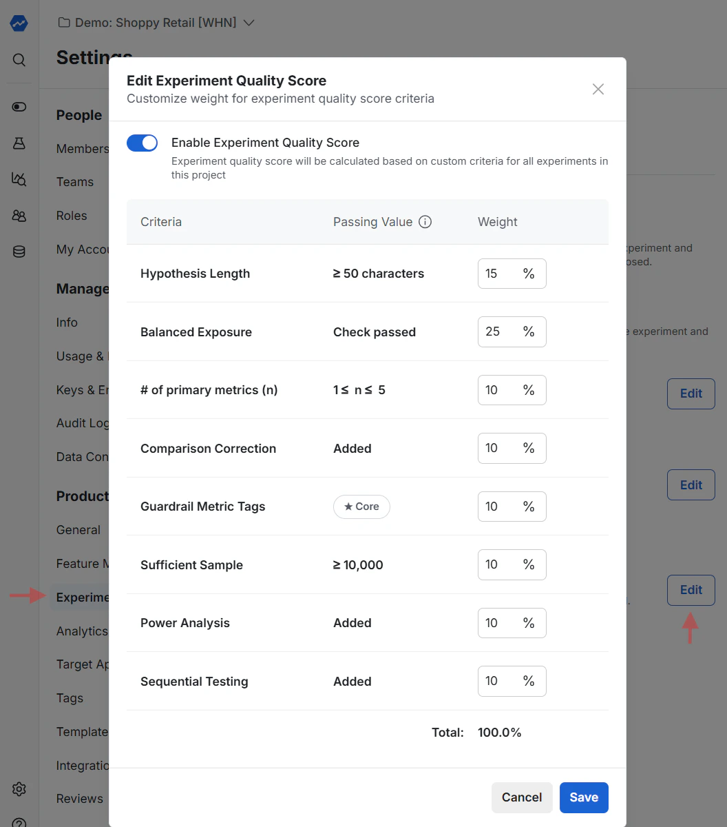 Experiment quality score configuration interface