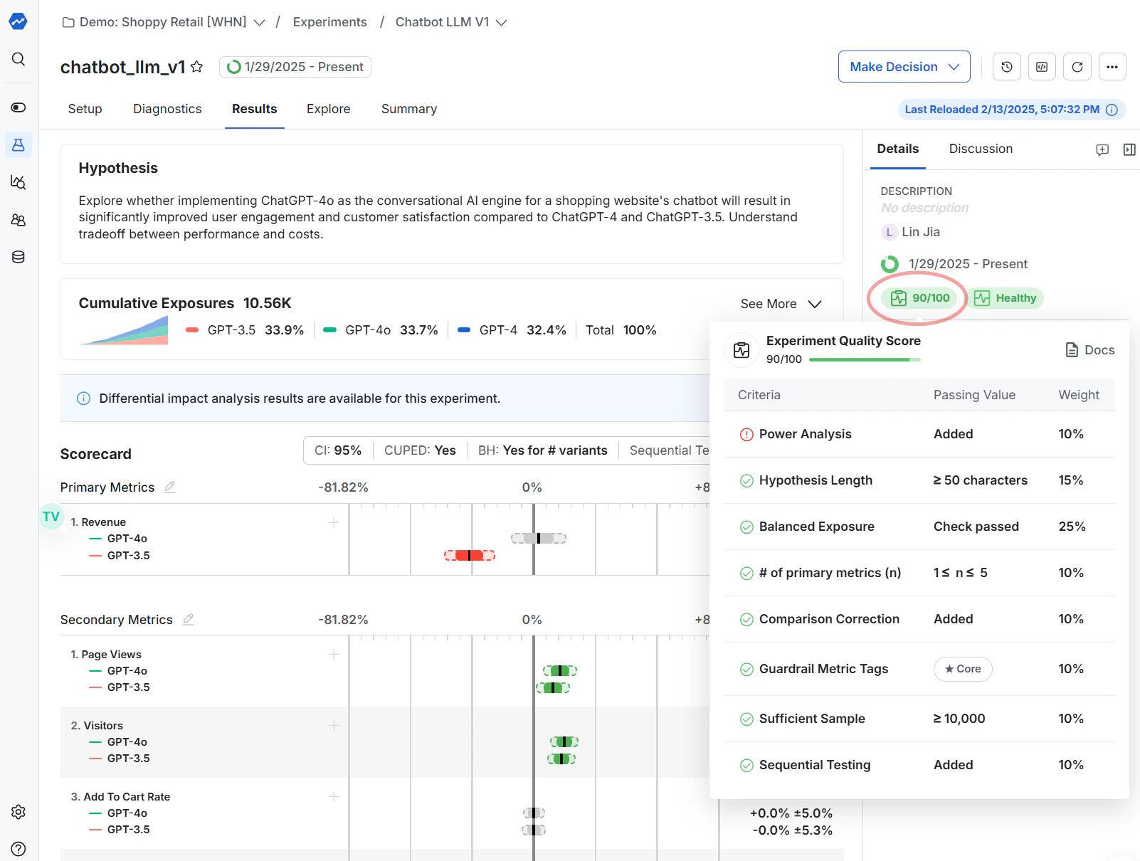 Experiment quality score display with color-coded status