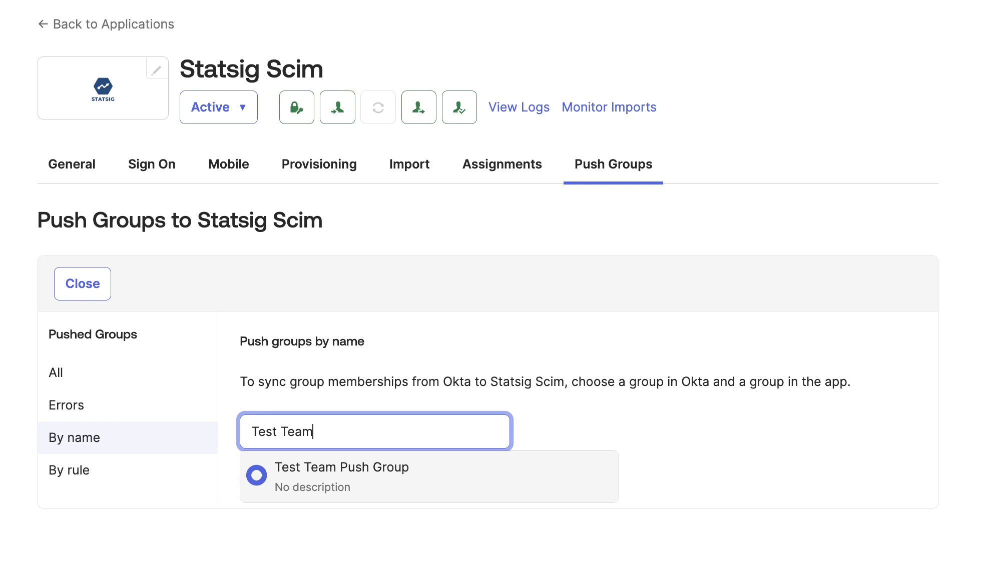 Okta Push Groups dialog selecting mapping group to link with Statsig team