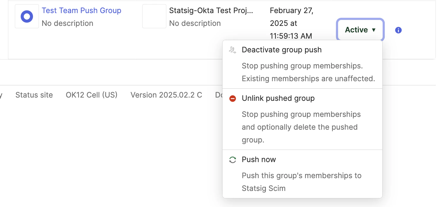 Okta push groups status view with unlink group option