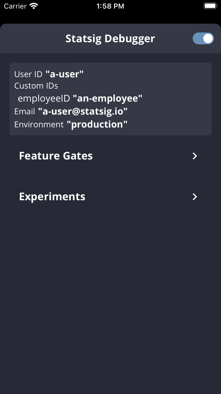 Client debugger landing view
