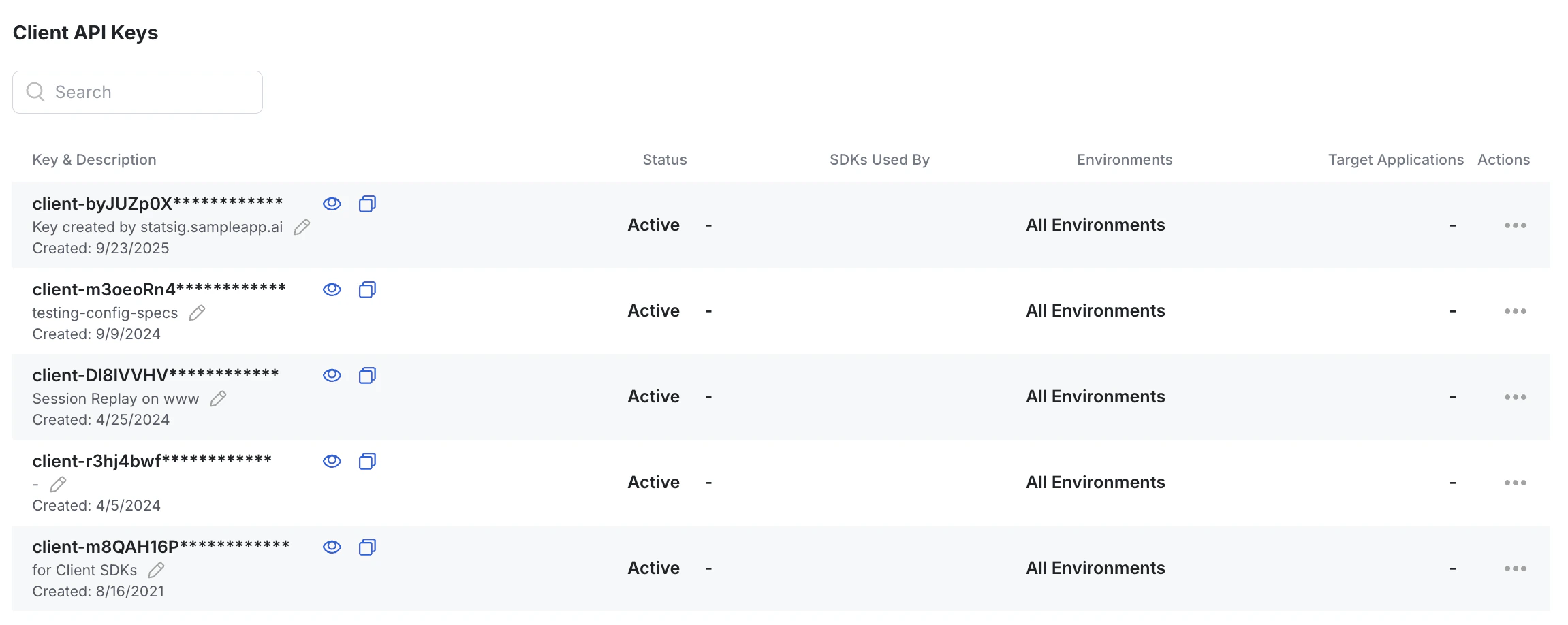 Project settings showing client API key configuration