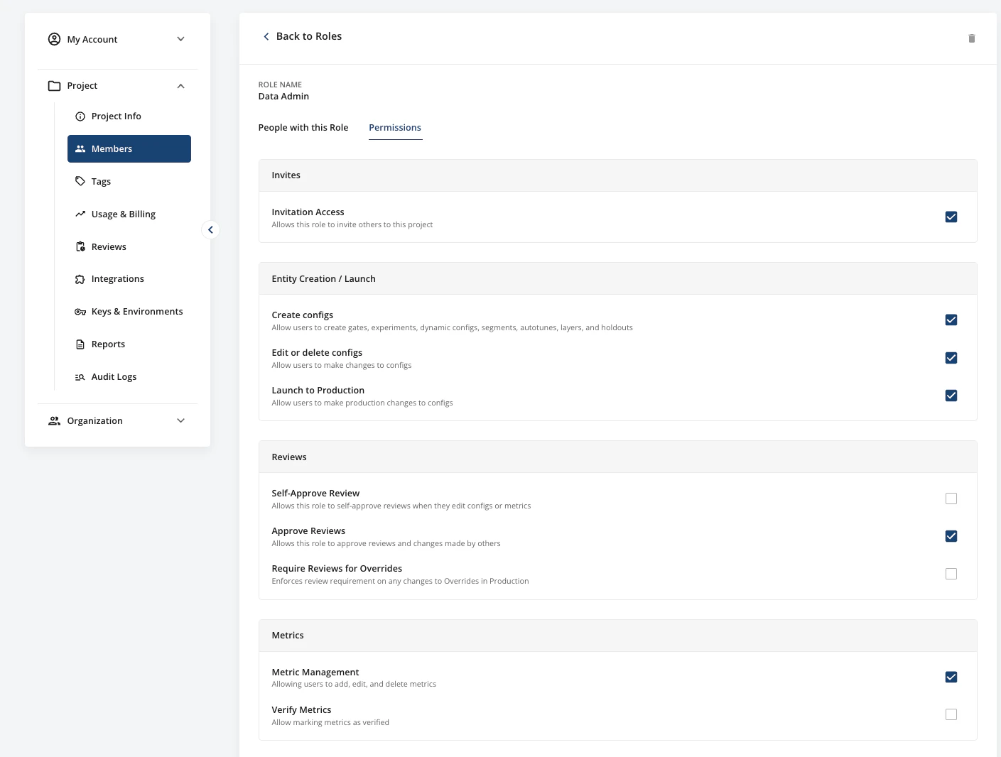 Custom roles configuration interface