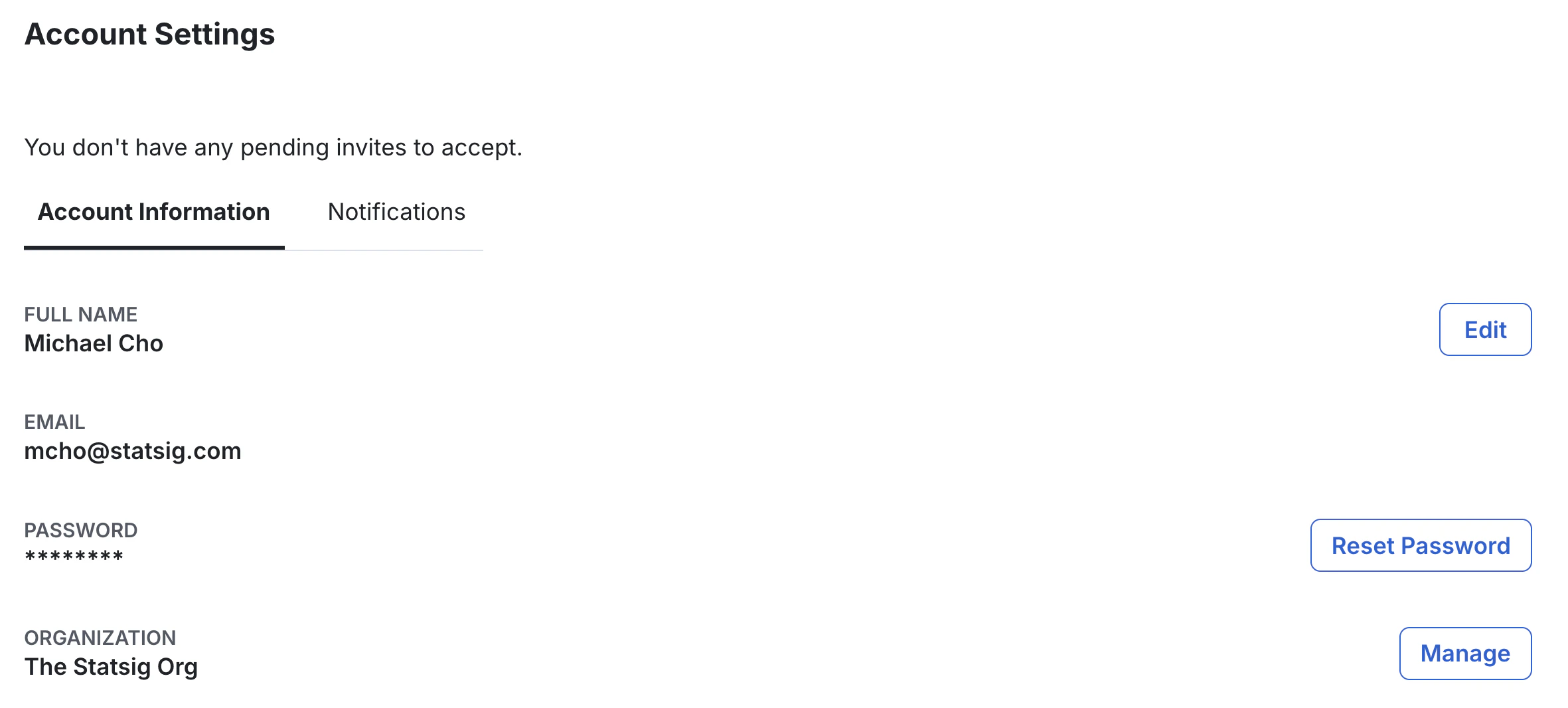Account Settings organization management interface