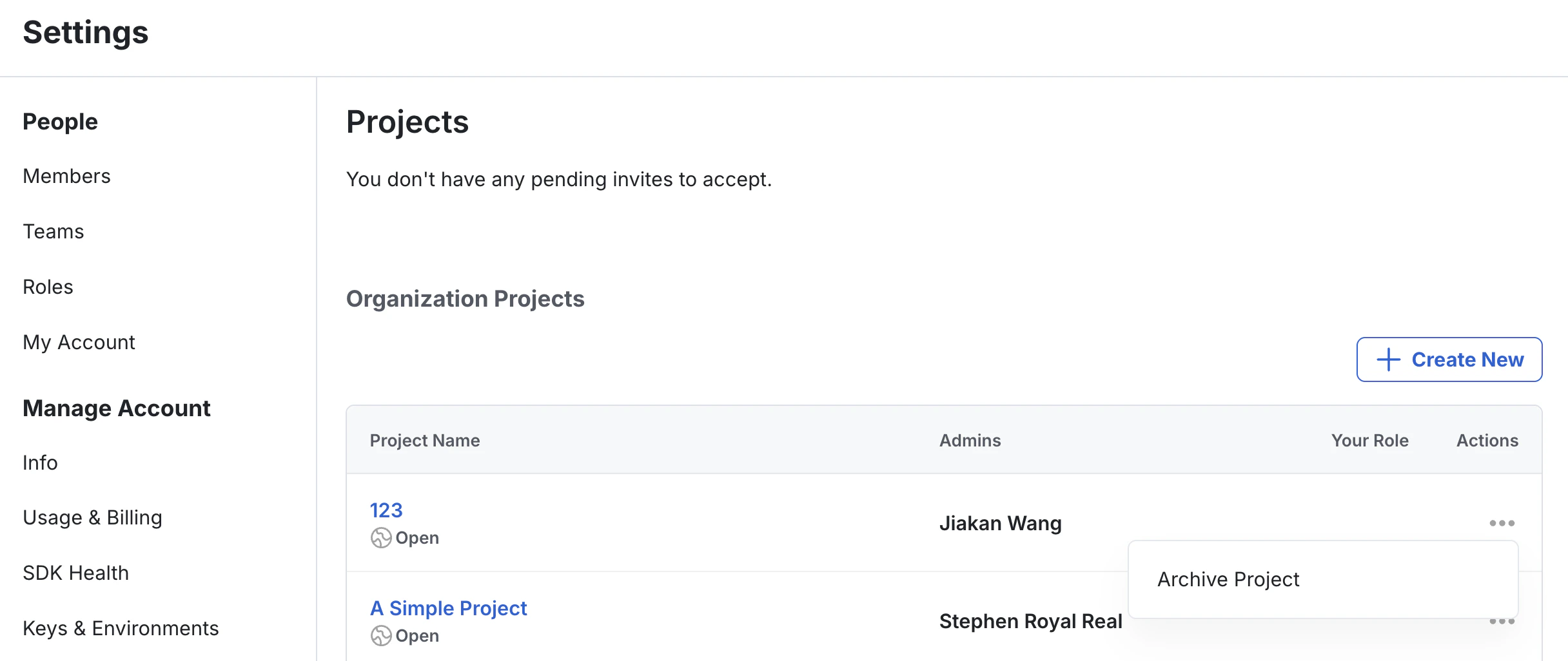 Organization project administration interface