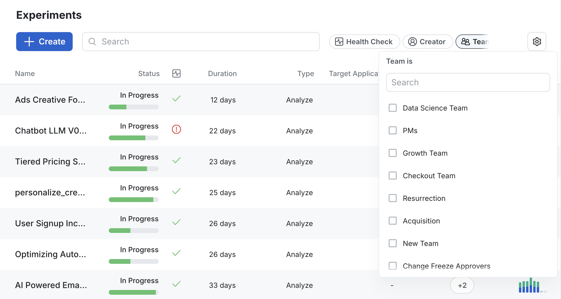 Team filter in experiments