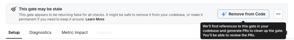An example of Remove from Code in a stale gate banner