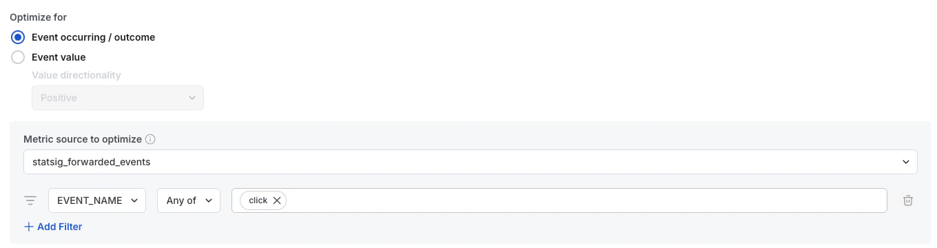 Optimization settings screen choosing event outcome and metric source
