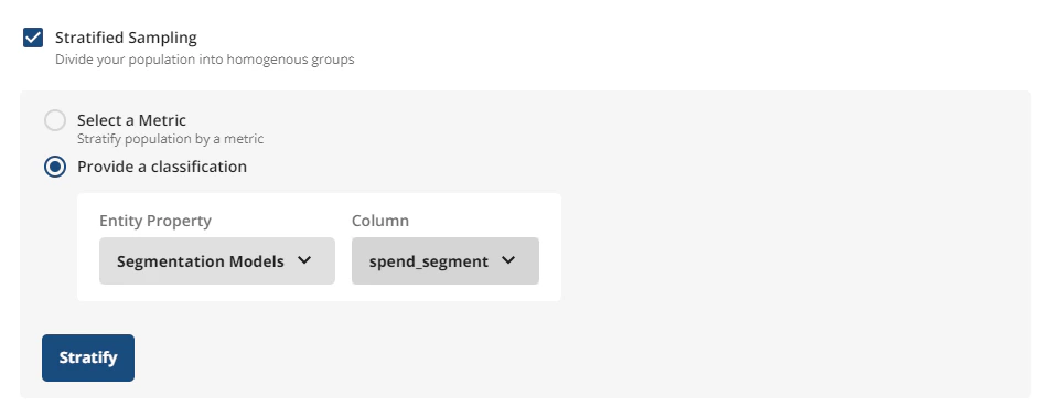 Entity properties configuration for stratified sampling