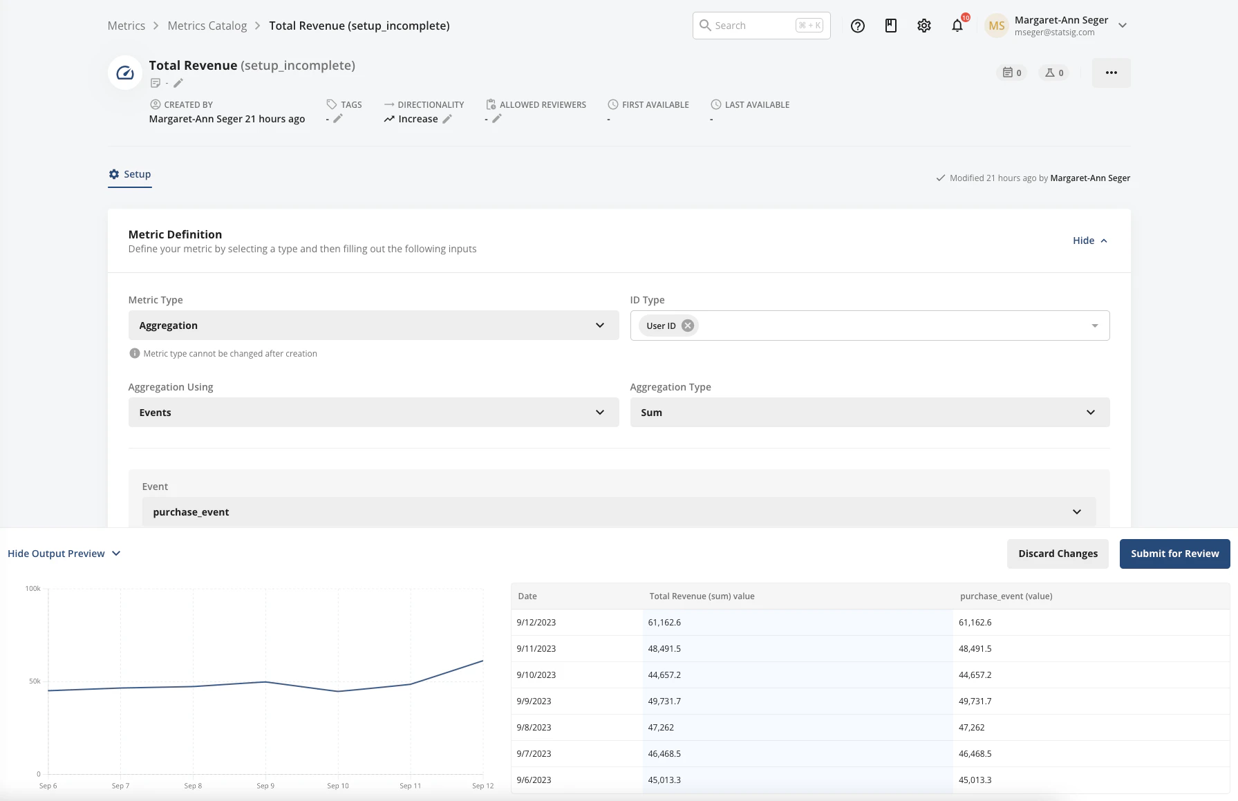 Aggregation metric setup screen with output preview chart and table