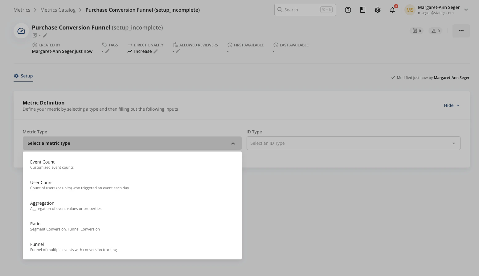 Funnel metric creation wizard