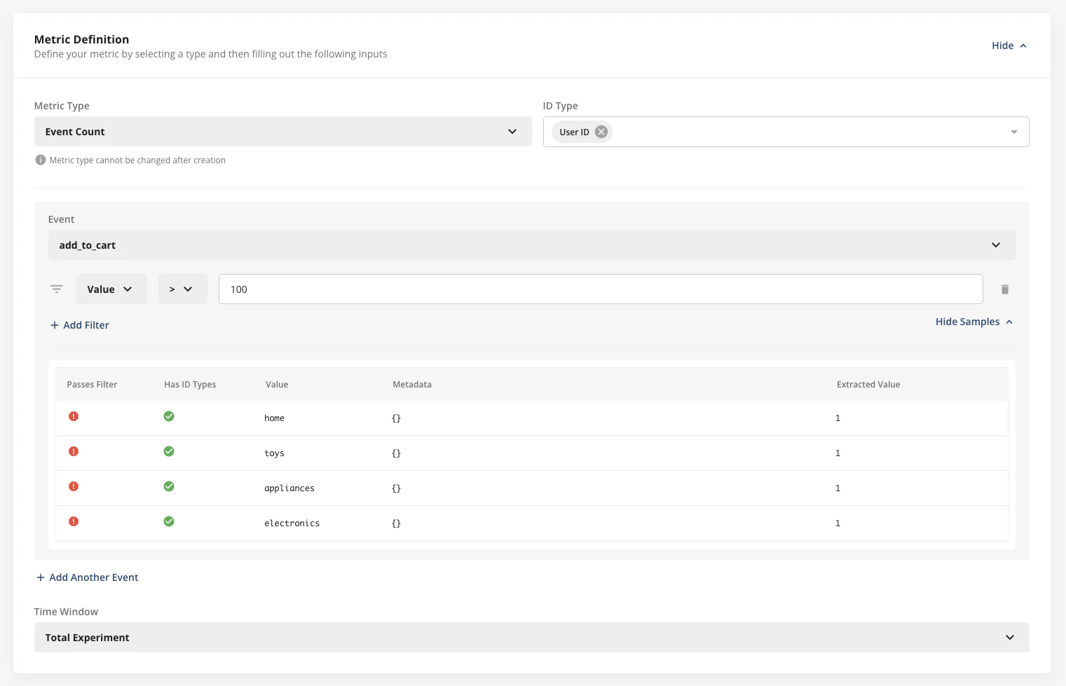 Event count metric filtering add_to_cart events with value greater than 100