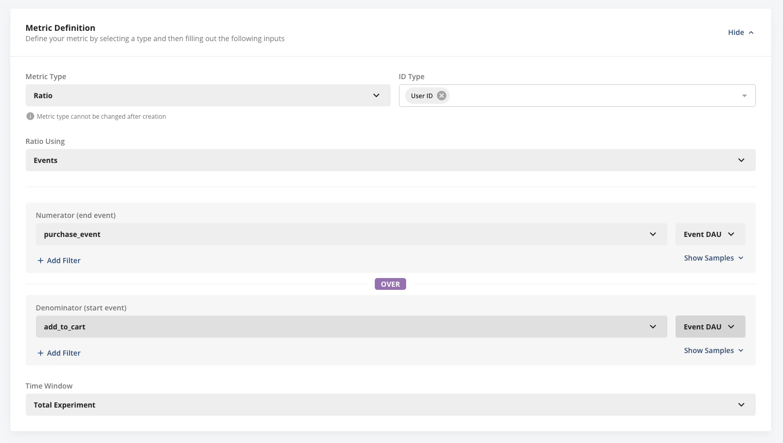 Ratio metric setup for cart conversion rate