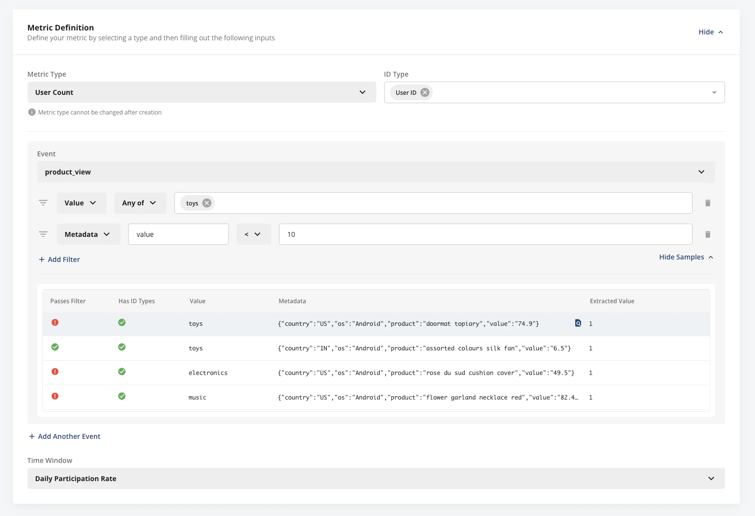 User count metric configuration counting viewers of toys category under ten dollars