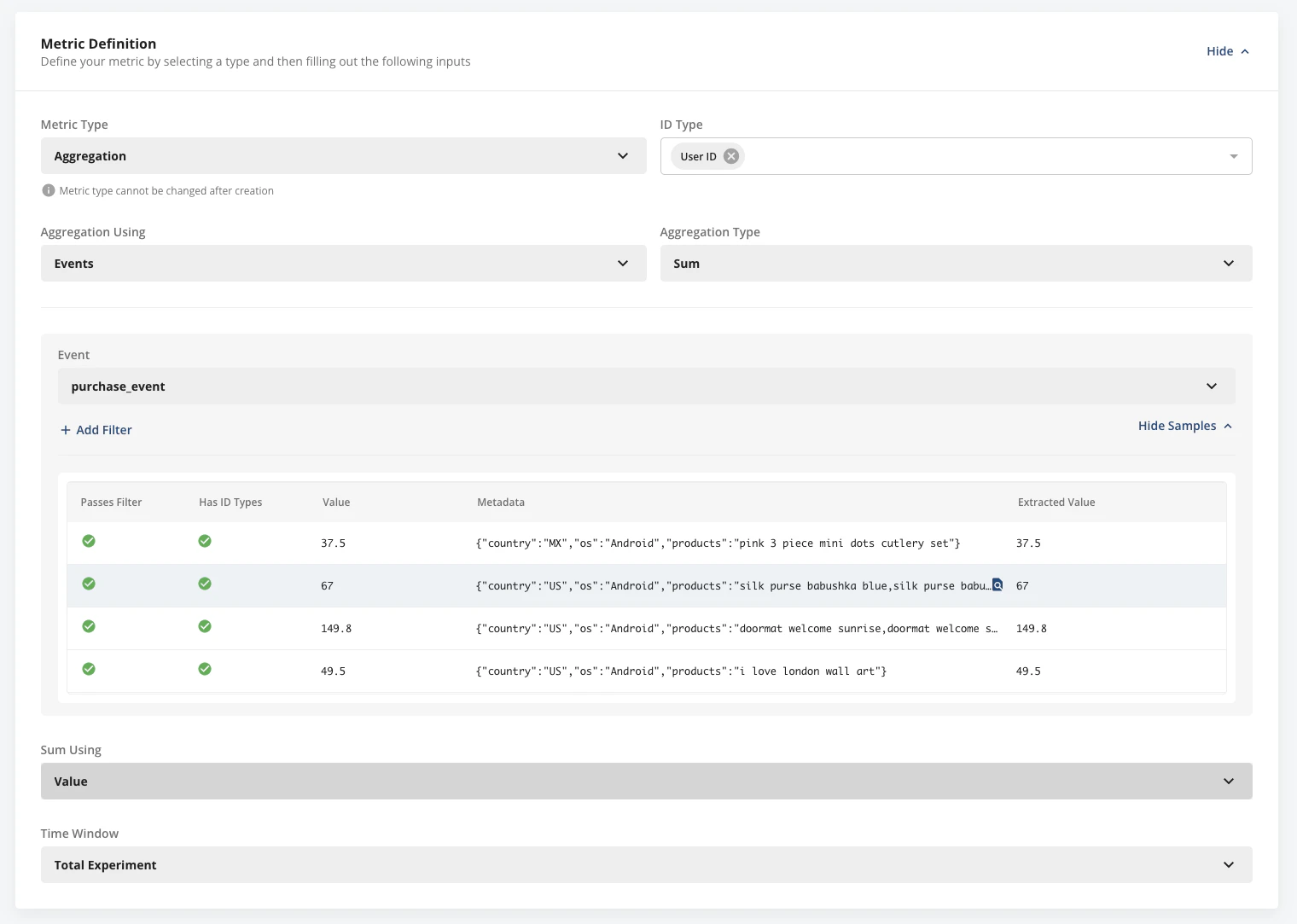 Sum aggregation configuration for Total Revenue metric