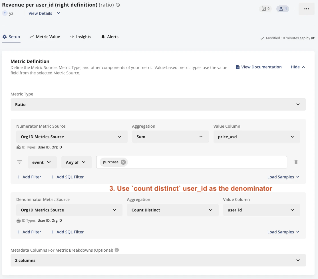 Metric definition screenshot showing revenue per user_id formula