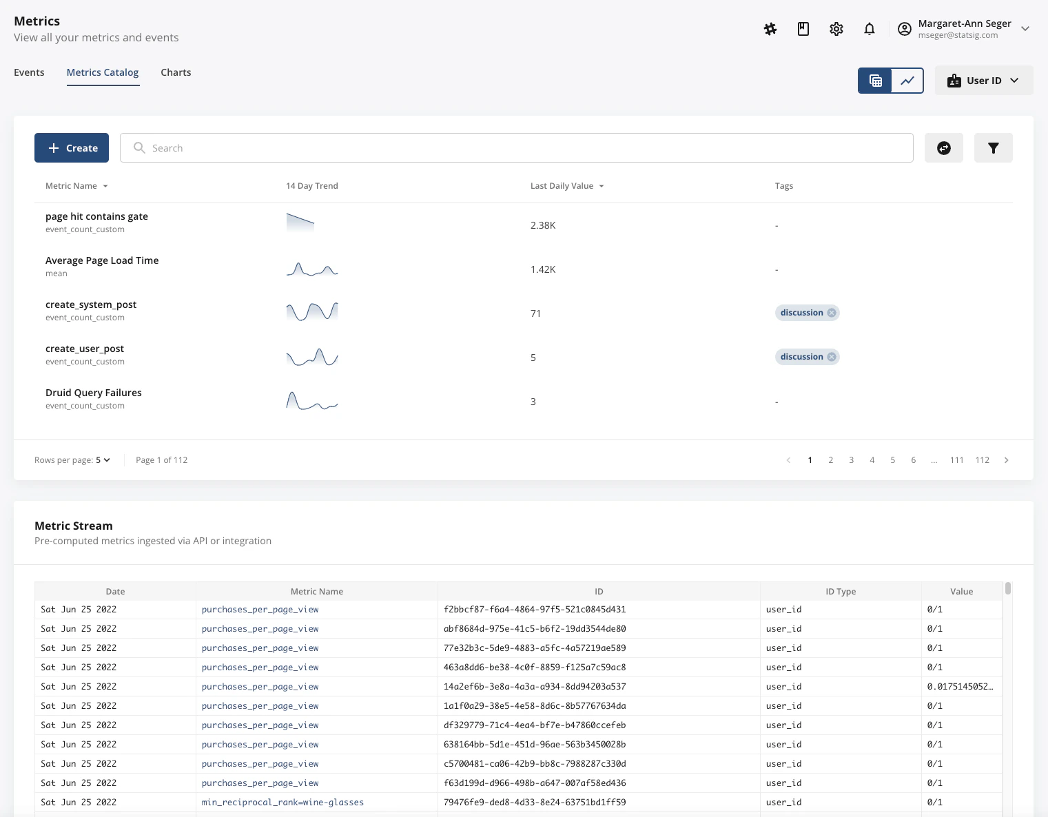 Metrics logstream showing imported precomputed metrics