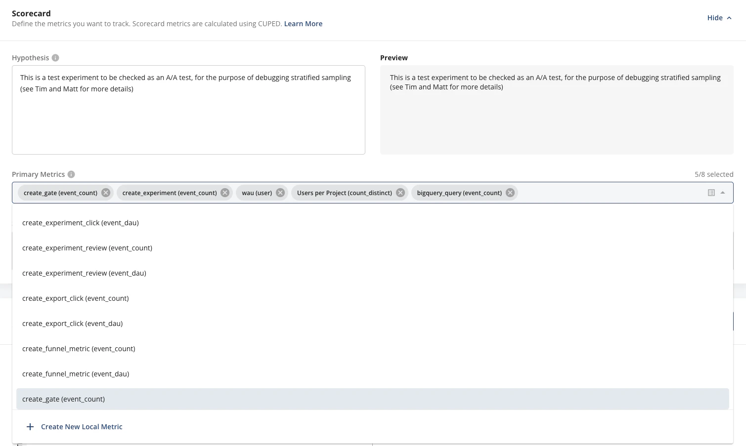 Setup tab showing + Create New Local Metric button