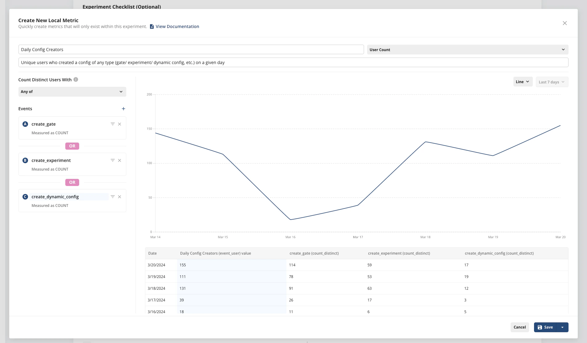 Local metric creation wizard with event selection and filters