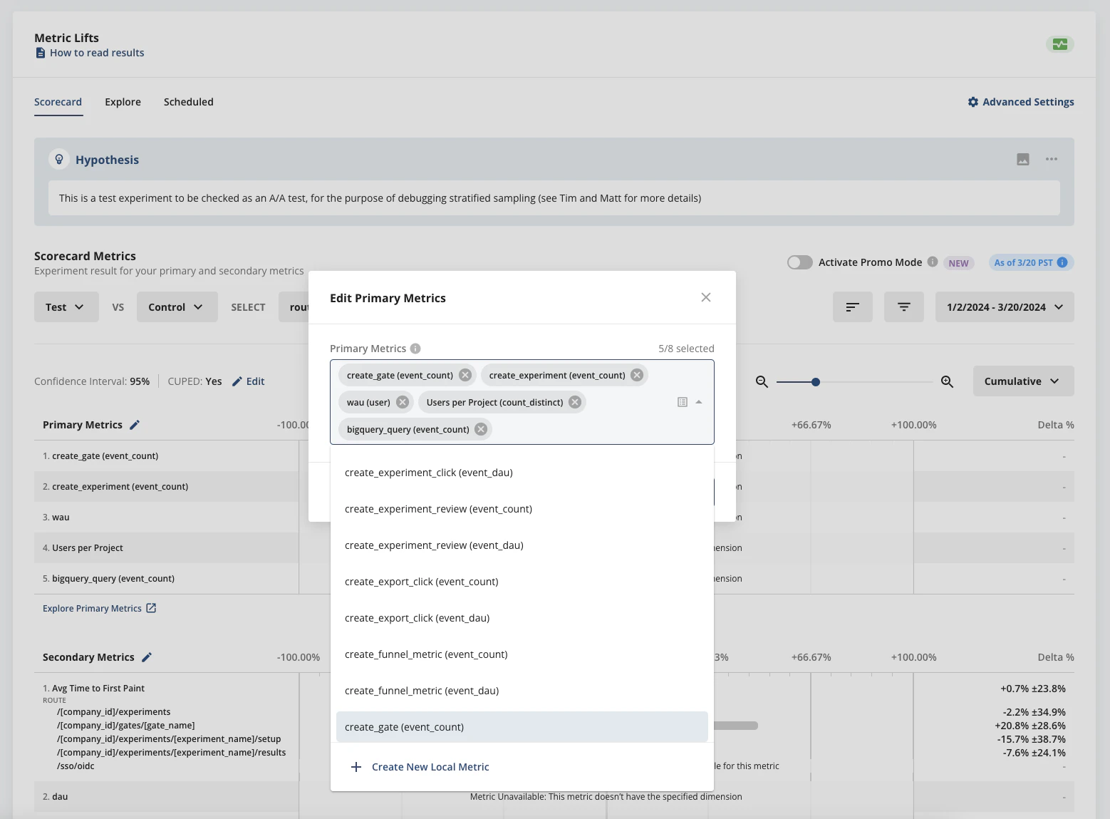 Pulse scorecard with Edit Primary Metrics and Create New Local Metric options