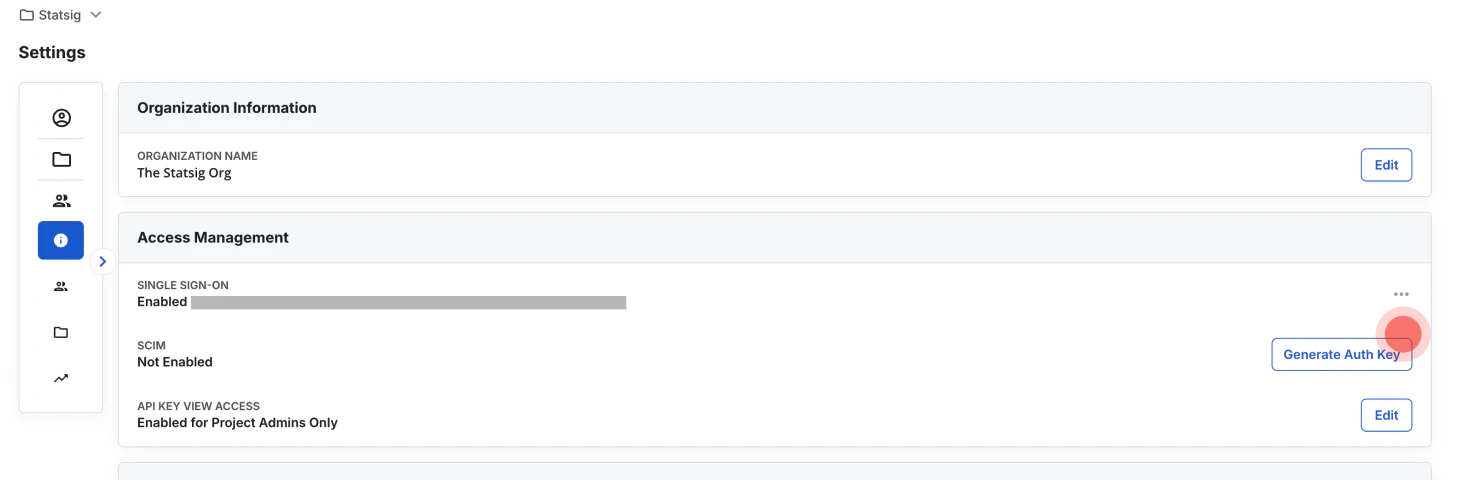 Statsig organization settings showing SCIM key management panel