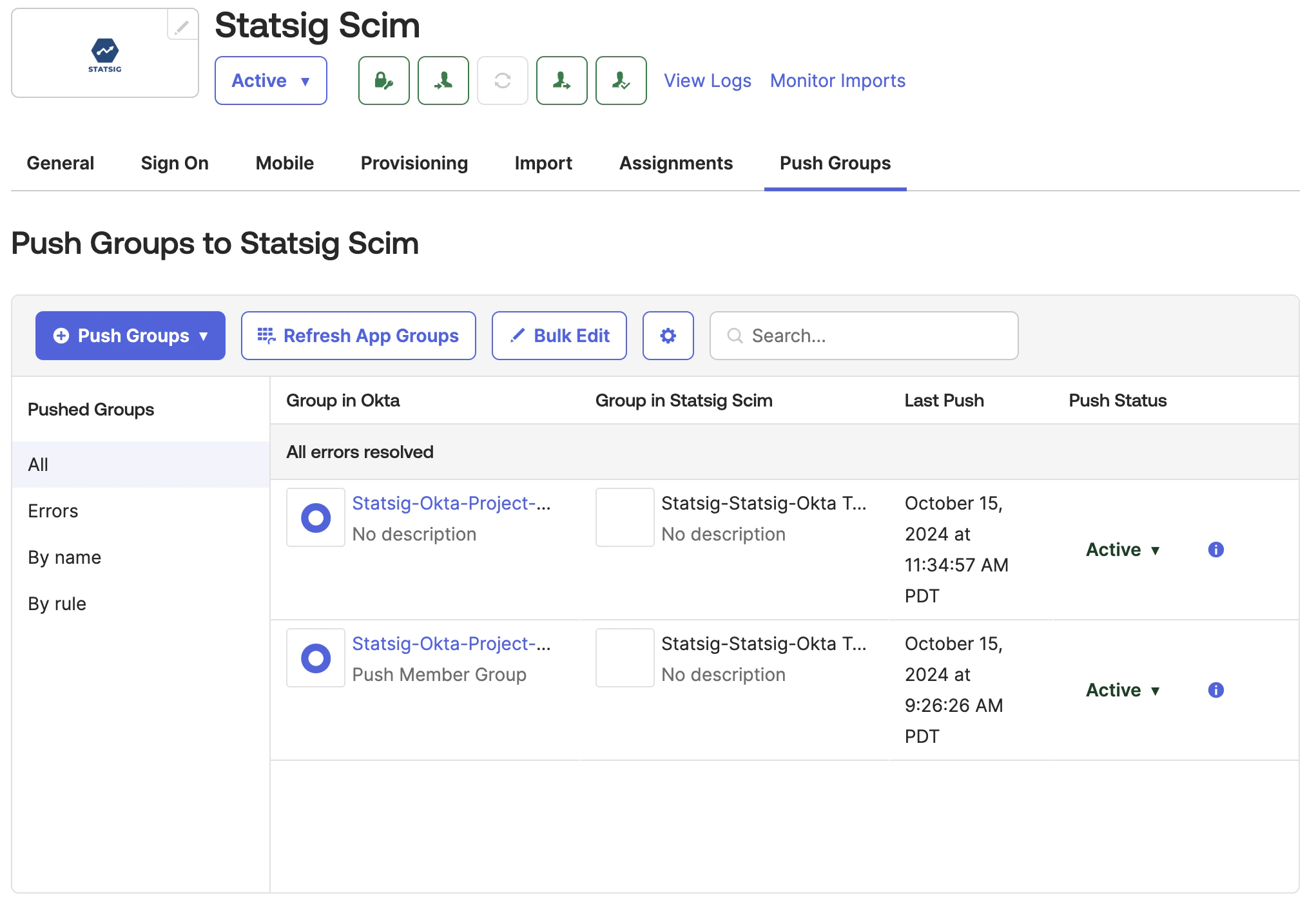 Push Groups tab in Okta Statsig integration