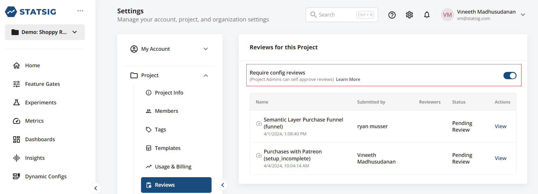 Project settings reviews configuration interface