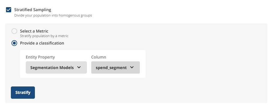 Entity properties configuration for stratified sampling