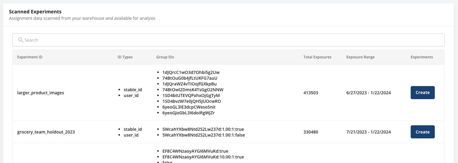 Assignment source scan results showing detected experiments