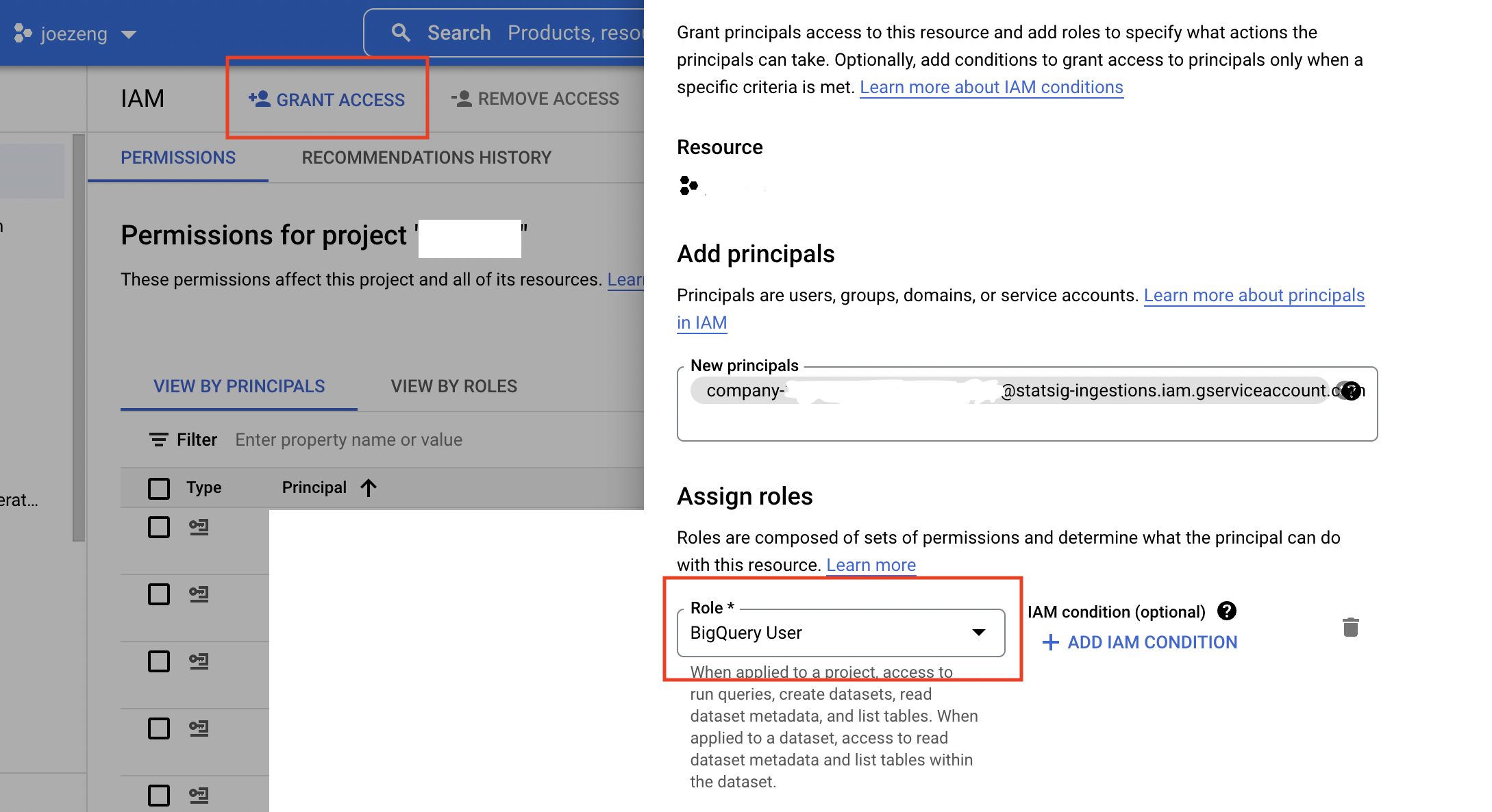 BigQuery IAM permissions configuration