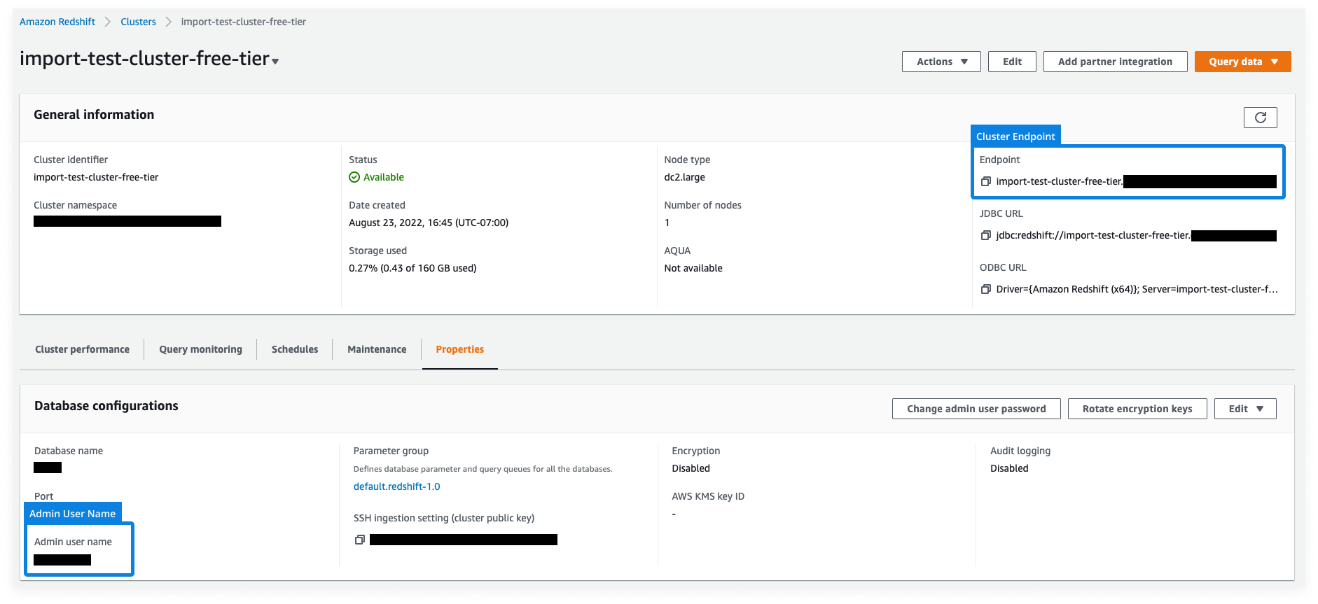 AWS Redshift cluster details highlighting endpoint and admin user