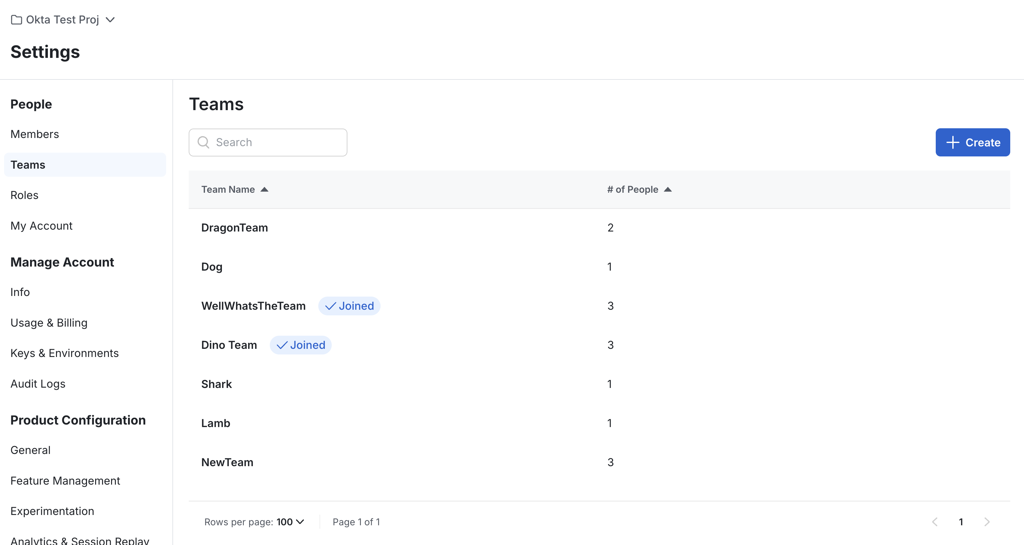 Statsig console showing newly created team populated from SCIM push