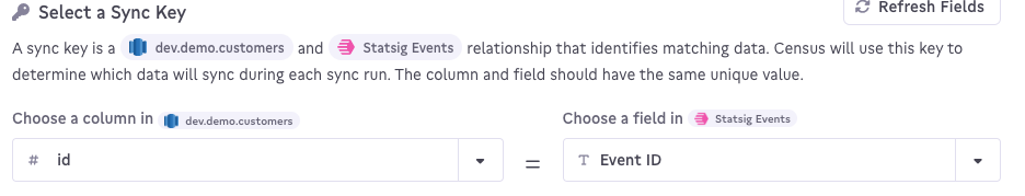Census sync configuration showing sync key selection